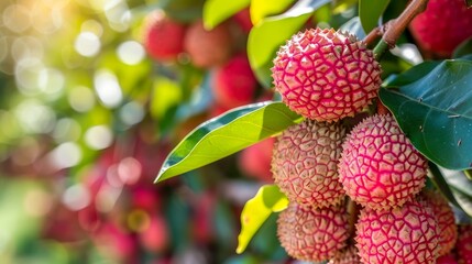 Sunlit Ripe Lychee Fruits Hanging on Branch in Orchard with Vibrant Green Leaves Against Blurred Background