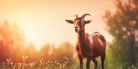 Goat in the meadow at sunset