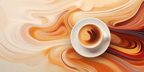 Abstract 3D coffee background, a cup of coffee against a background of soft waves and lines in brown tones, latte art, top view