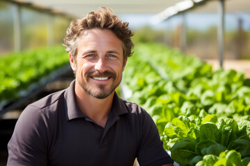 Naklejka na ściany i meble Joyful man, a modern curly-haired farmer stands in a greenhouse against the background of lush green lettuce plants. Concept of development of agriculture and smart agriculture, food production