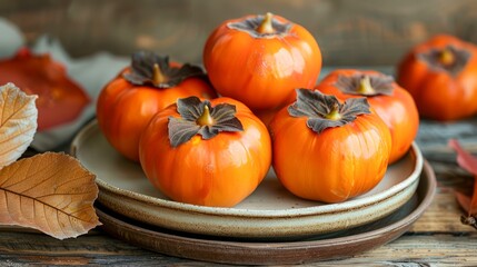 Fresh Persimmons on Rustic Wooden Table with Autumn Leaves - Seasonal Fruit Display for Healthy Eating Concept