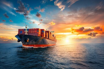 Container cargo ship in the ocean at sunset blue sky background with copy space, Nautical vessel and sea freight shipping, International global business logistics transportation import export concept - obrazy, fototapety, plakaty