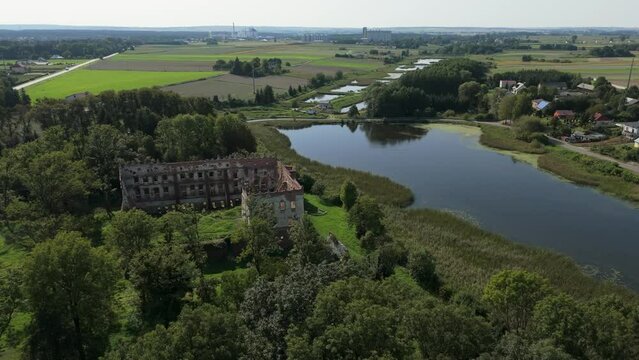 Landscape Castle Ruins Pond Krupe Aerial View Poland