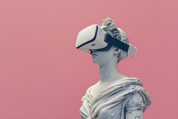 Female antique sculpture with virtual reality headset. Sculpture in VR glasses on pink background. VR, AR, metaverse, future, gadgets, technology, education online, study, video game concept