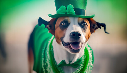 Cute dog in leprechaun hat, St. Patrick's holiday party. 