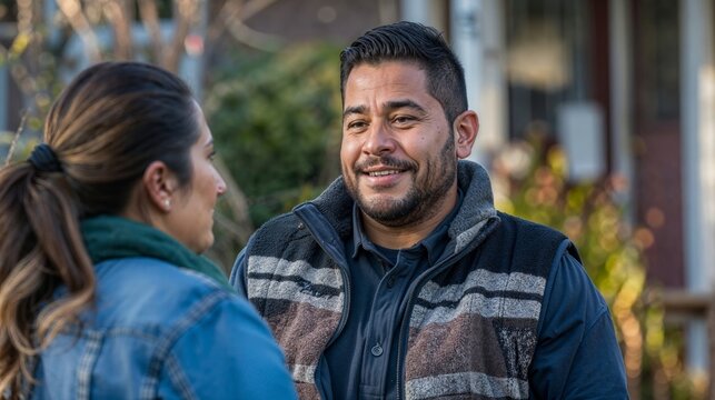 Hispanic man talking to woman in front yard, service provider, lawn care, arborist, landscaper, delivery man, couple, home