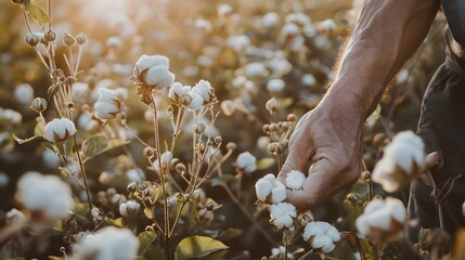 Farmer hand picking white boll of cotton. Cotton farm. Field of cotton plants. Sustainable and eco-friendly practice on a cotton farm. Organic farming. Raw material for textile industry. - obrazy, fototapety, plakaty