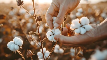 Farmer hand picking white boll of cotton. Cotton farm. Field of cotton plants. Sustainable and eco-friendly practice on a cotton farm. Organic farming. Raw material for textile industry. - obrazy, fototapety, plakaty