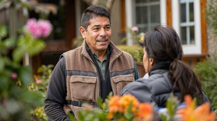 Mature hispanic man Lawn arborist technician installer worker talking to customer making a sale in the front yard of a home, happy conversation about work well done, working class, casual, outdoors