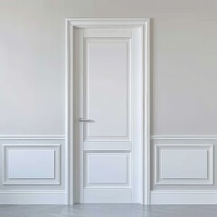 3d rendering of white door with trim on grey wall background. classic interior design concept