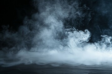 Dry ice smoke clouds fog floor texture. . Perfect spotlight mist effect on isolated black background - obrazy, fototapety, plakaty