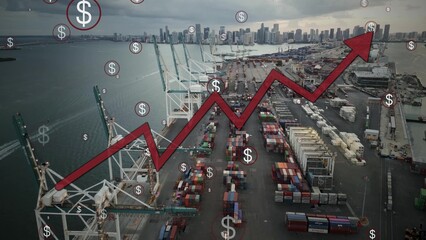 Rising red arrow graph with dollar signs in front of container transportation port as a trend of...