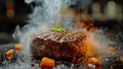 Close-up of a freshly prepared steak dinner, served with subtle smoke hovering in the background. Delicious juicy steak in macro view.