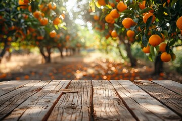 Empty wood table with free space over orange trees, orange field background. For product display montage © Aliaksandr Siamko