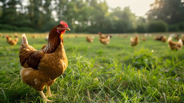 Free range chicken farm and sustainable agriculture. Organic poultry farming. Chickens roaming free in sustainable and animal-friendly farm. Free range bird in agriculture grass field.
