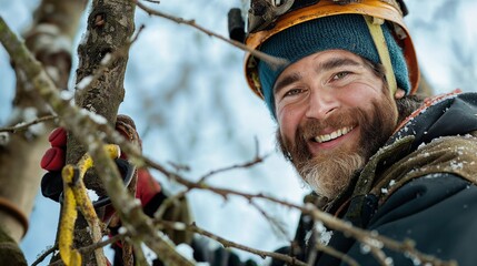 Obraz premium Arborist, landscape technician, outdoors working, tree climbing, wearing safety gear helmet, working with ropes, trucks saws, happy at the job site, team leader