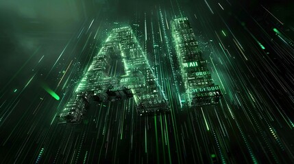 Digital green matrix binary code forms the letters AI, symbolizing the concept of Artificial Intelligence.
