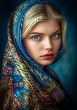Woman With Blue Eyes Wearing Blue Shawl. Generative AI