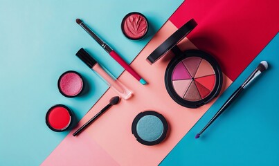 Funky beauty cosmetic make-up set, with brushes, eye shadow cake, blush, lipstick rouge flat lay out pink and  blue and  teal paper, magenta, aqua, teal 80's fashion - obrazy, fototapety, plakaty