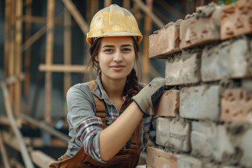 Fototapeta na wymiar Builder and bricklayer putting up a brick wall, young enterprising woman working hard on a construction site