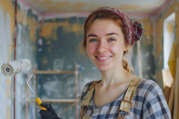 Painter on a construction site, woman using a roller in a house renovation with a cheerful smile