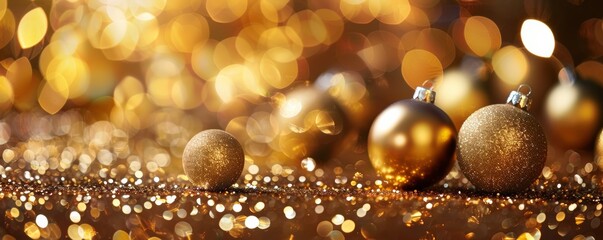 Obraz na płótnie Canvas Shimmering golden Christmas balls on glittery surface with a warm bokeh background evoke the festive spirit