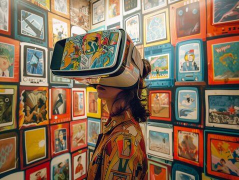 Woman Wearing Virtual Reality Headset in Front of Wall of Pictures. Generative AI