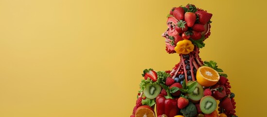 Fototapeta na wymiar Diet, healthy eating. Man consisting of fruits, healthy and happy, on isolated color background with fruits and vegetables