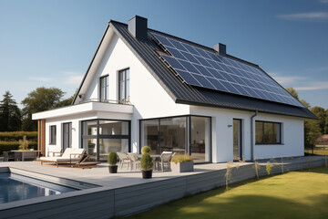 Modern eco friendly passive house with solar panels on the gable roof