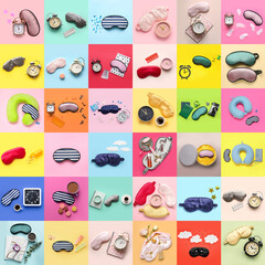 Group of sleep masks with accessories on color background
