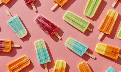 Colorful frozen popsicle treats on a pink background, summer cool down
