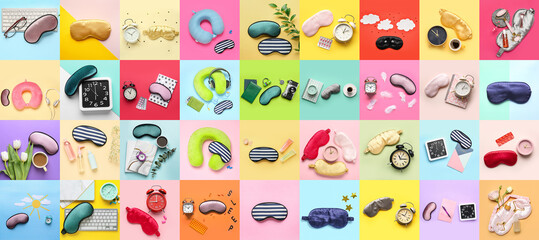 Obraz premium Collage of sleep masks with accessories on color background