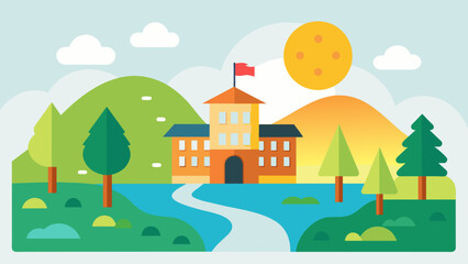 a cute school and sunlight on the river of tree,hill and vector on white background