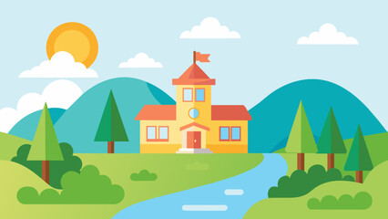 a cute school and sunlight on the river of tree,hill 
 and vector on white background