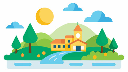 a cute school and sunlight on the river of tree,hill 
 and vector on white background
