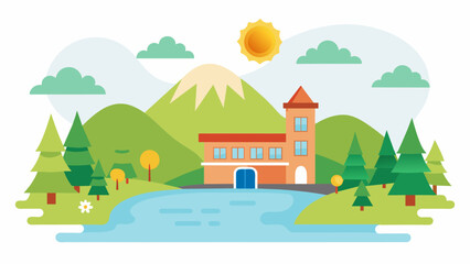 a cute school and sunlight on the river of tree,hill 
 and vector on white background