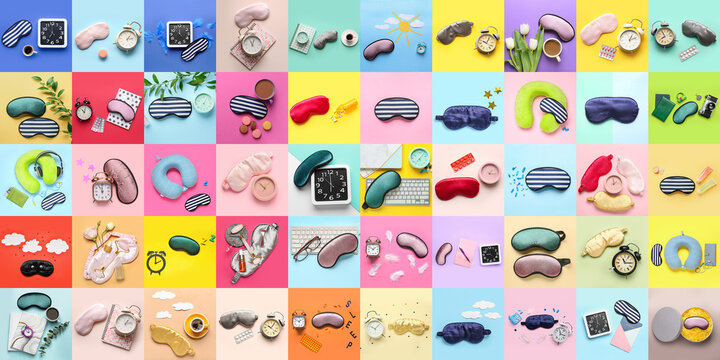 Collection of sleep masks with accessories on color background
