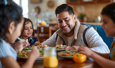 Happy latino hispanic man eating dinner lunch breakfast with his family kids, blue collar hard worker happy home