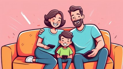 family on the sofa looking at their phones, concept of free time, addiction to computer games and social networks