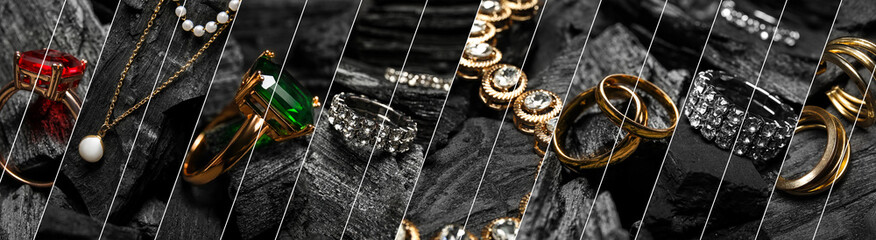 Collage of stylish jewelry on black charcoal, closeup
