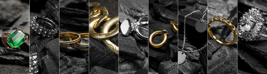 Set of stylish jewelry on black charcoal, closeup