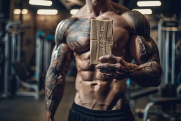 Muscular bodybuilder holding protein bar in gym - obrazy, fototapety, plakaty