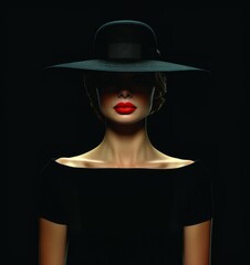 Beautiful fashionable stylish young girl in a hat, model appearance and photo shoot, dark black style, bright makeup