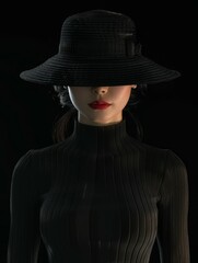 Beautiful fashionable stylish young girl in a hat, model appearance and photo shoot, dark black style, bright makeup