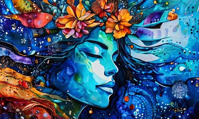 Captivating painting depicting woman adorned with crown of colorful flowers. For visual element in design projects, printed on various merchandise like notebooks, postcards, wall art, interior design.