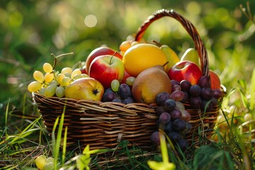 Organic fruit in basket in summer grass. Fresh grapes, pears and apples in nature