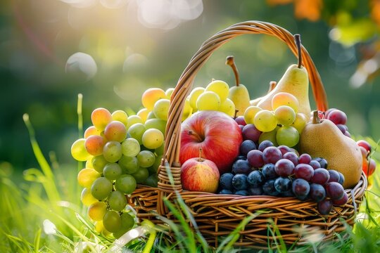Organic fruit in basket in summer grass. Fresh grapes, pears and apples in nature