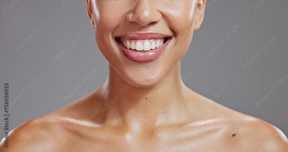 Poster Beauty, smile and lips of woman in studio for wellness, dental health and hygiene for oral care. Dentist, smile and closeup of mouth of person with lip gloss, shine and cosmetics on gray background