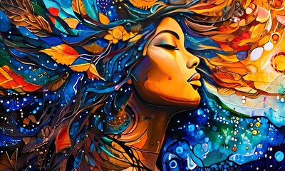 Naklejka premium Captivating painting of woman adorned with delicate flowers on her face, blending nature, beauty seamlessly. For social media platforms, art magazines, even as decorative piece in room,office setting