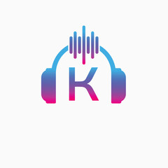 Letter K Headphone Logo Design Vector Icon Graphic Illustration Music Disco DJ Wave sound